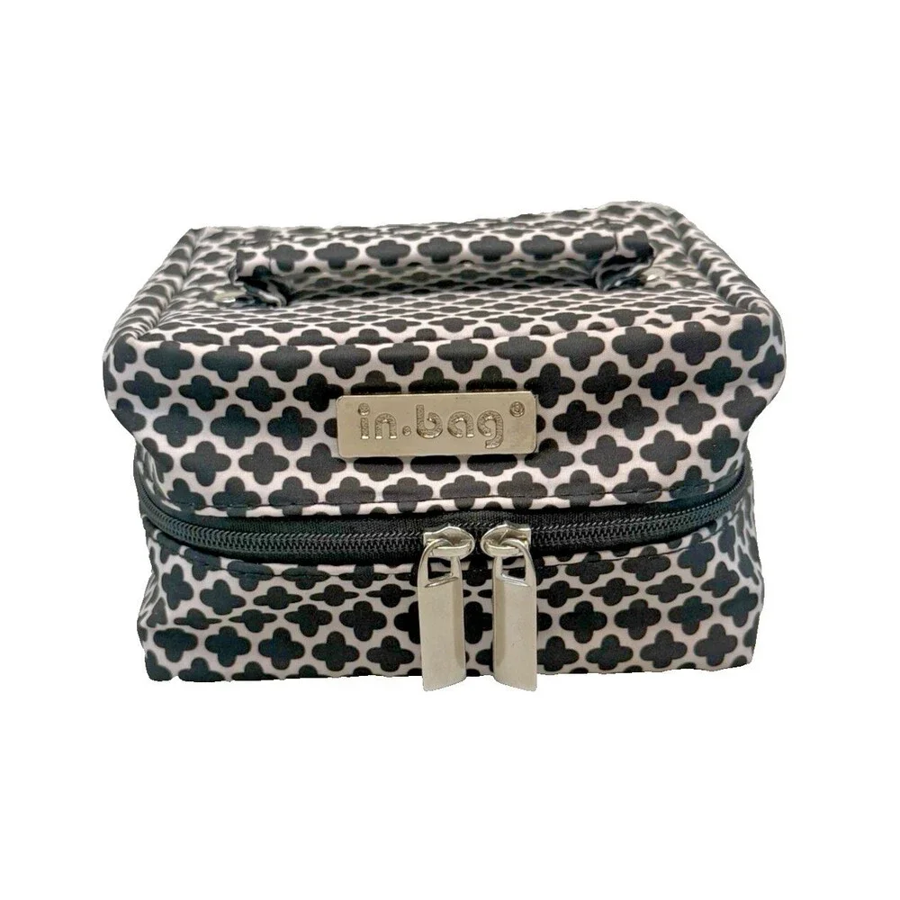 In Bag Cosmetic Makeup Travel Toiletry Case Black White Geometric 5x5x3 EUC